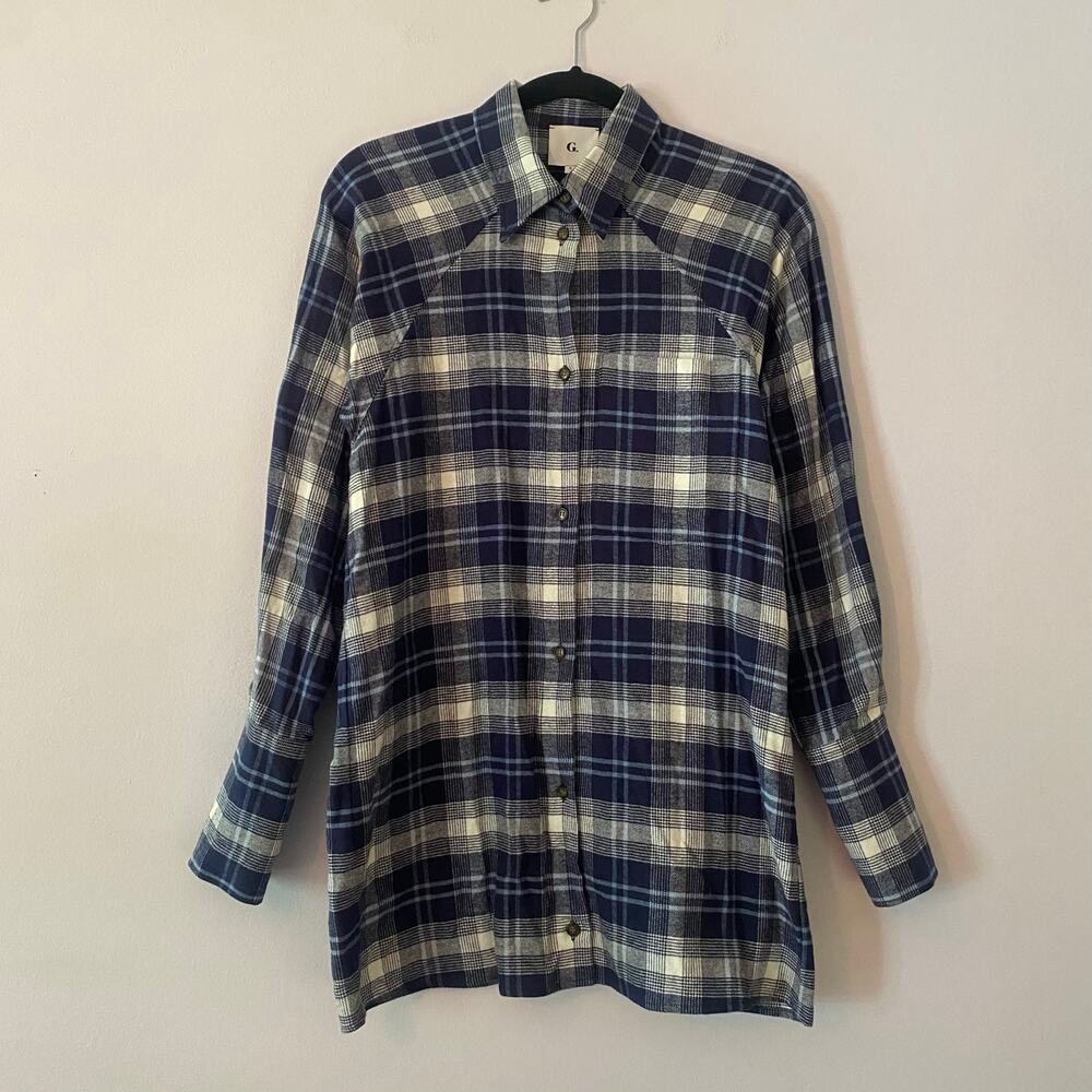 Goop G. Label Blue White Flannel Button Down Shirt Cotton Western Women's size 0
